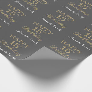 Papel De Regalo Feliz 15º cumpleaños Purpurina de oro y gris