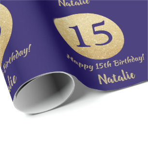 Papel De Regalo Feliz 15 cumpleaños Purpurina azul y oro de la Mar