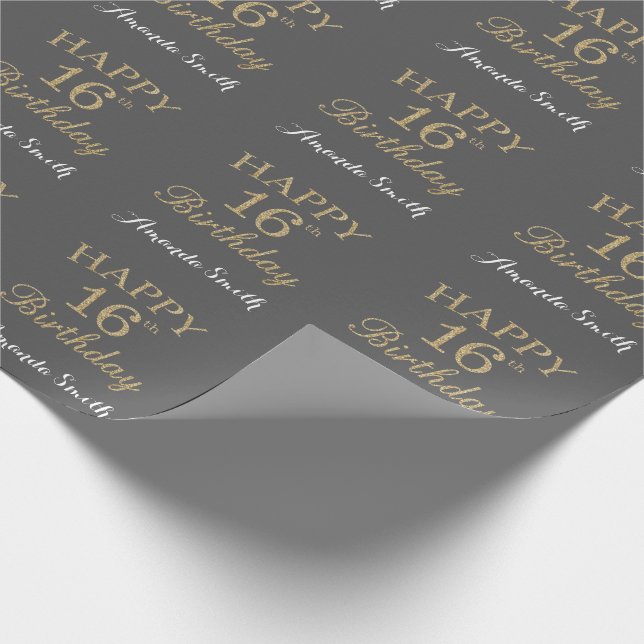 Papel De Regalo Feliz 16 cumpleaños, Purpurina de oro y gris (Esquina)