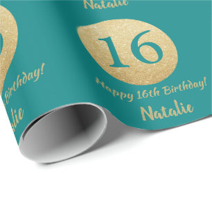 Papel De Regalo Feliz 16 cumpleaños, Verde azulado y Purpurina de 