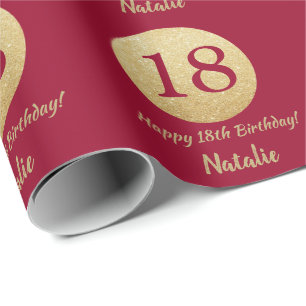 Papel De Regalo Feliz 18 cumpleaños Borgoña Rojo y Purpurina de or