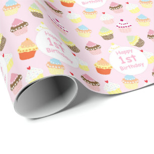 Papel De Regalo Feliz 1er Cumpleaños Cupcake Rosa