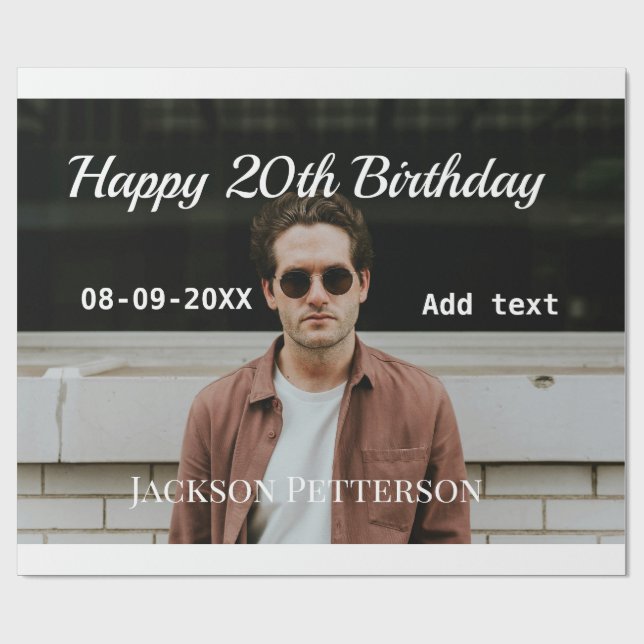 Papel De Regalo Feliz 20 cumpleaños foto simple añadir nombre fech (Superficie plana)