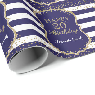 Papel De Regalo Feliz 20 cumpleaños, Purpurina de oro y azul marin