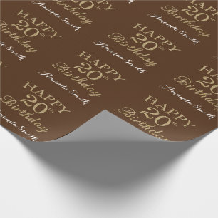 Papel De Regalo Feliz 20 cumpleaños Purpurina de oro y Brown