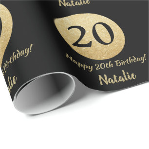 Papel De Regalo Feliz 20 cumpleaños, Purpurina negro y oro