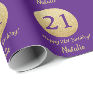 Papel De Regalo Feliz 21 cumpleaños morado y Purpurina de oro