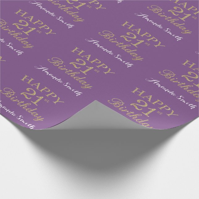 Papel De Regalo Feliz 21 cumpleaños Purpurina de oro y morado (Esquina)