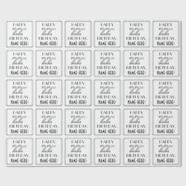Papel De Regalo FELIZ 22º CUMPLEAÑOS; Estilo Art Deco; Nombre Pers (Superficie plana)