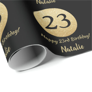 Papel De Regalo Feliz 23 cumpleaños, negro y Purpurina de oro