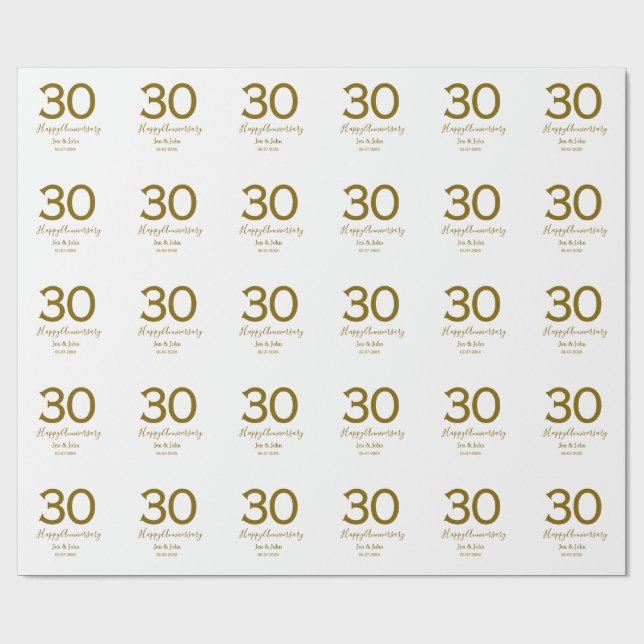 Papel De Regalo Feliz 30 aniversario fecha de la cita dorada negri (Superficie plana)