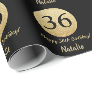 Papel De Regalo Feliz 36 cumpleaños, negro y Purpurina de oro