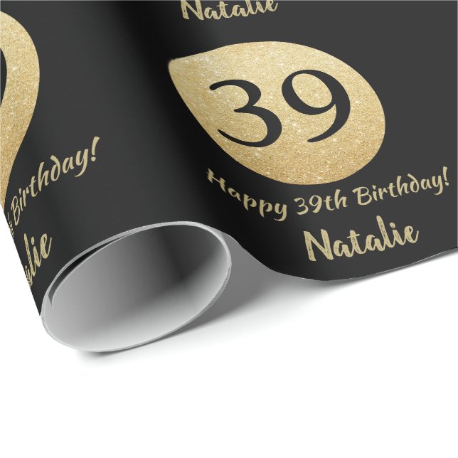 Papel De Regalo Feliz 39 cumpleaños, negro y Purpurina de oro (Esquina del rollo)