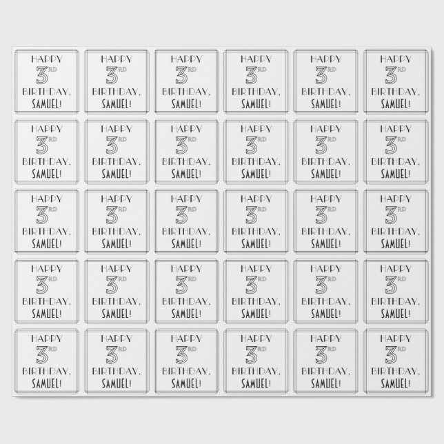 Papel De Regalo FELIZ 3° CUMPLEAÑOS; Estilo Art Deco; Nombre perso (Superficie plana)