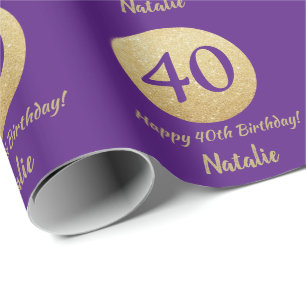 Papel De Regalo Feliz 40 cumpleaños morado y Purpurina de oro