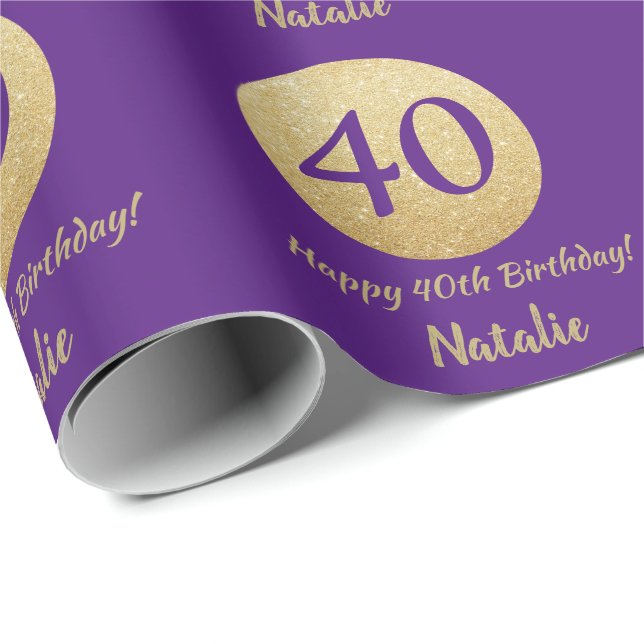 Papel De Regalo Feliz 40 cumpleaños morado y Purpurina de oro (Esquina del rollo)