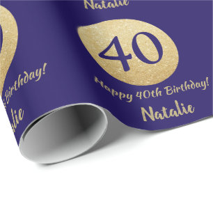 Papel De Regalo Feliz 40 cumpleaños Purpurina azul y oro de la Mar