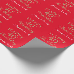 Papel De Regalo Feliz 40 cumpleaños Purpurina de oro y rojo