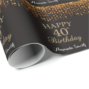 Papel De Regalo Feliz 40 cumpleaños, Purpurina negro y oro