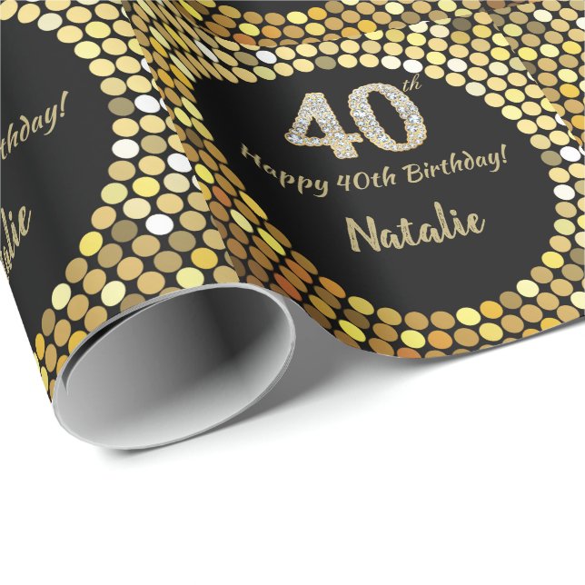 Papel De Regalo Feliz 40 cumpleaños, Purpurina negro y oro (Esquina del rollo)
