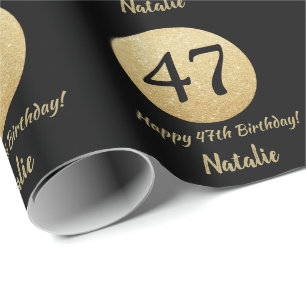Papel De Regalo Feliz 47 cumpleaños, negro y Purpurina de oro