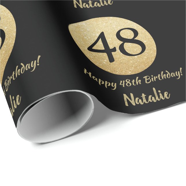 Papel De Regalo Feliz 48 cumpleaños, negro y Purpurina de oro (Esquina del rollo)