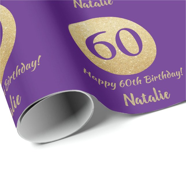 Papel De Regalo Feliz 60 cumpleaños morado y Purpurina de oro (Esquina del rollo)