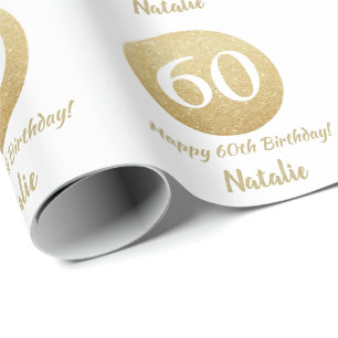 Papel De Regalo Feliz 60 cumpleaños Purpurina de oro y blanco