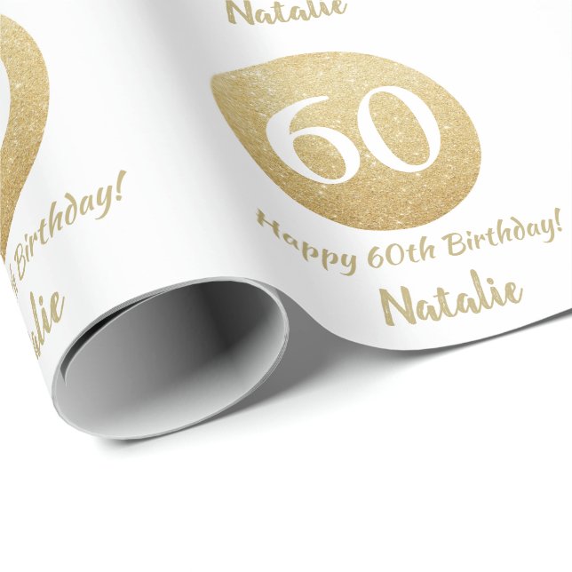 Papel De Regalo Feliz 60 cumpleaños Purpurina de oro y blanco (Esquina del rollo)