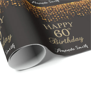 Papel De Regalo Feliz 60 cumpleaños, Purpurina negro y oro