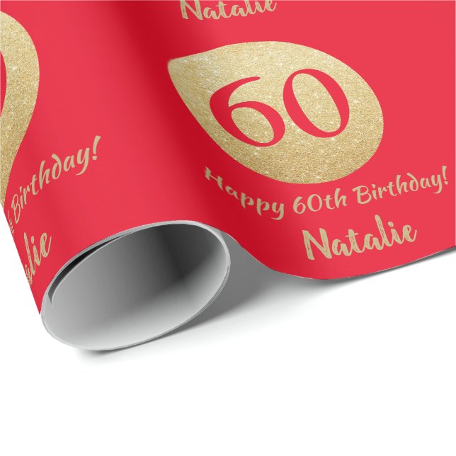Papel De Regalo Feliz 60 cumpleaños Purpurina rojo y oro (Esquina del rollo)