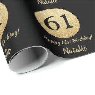 Papel De Regalo Feliz 61 cumpleaños, negro y Purpurina de oro