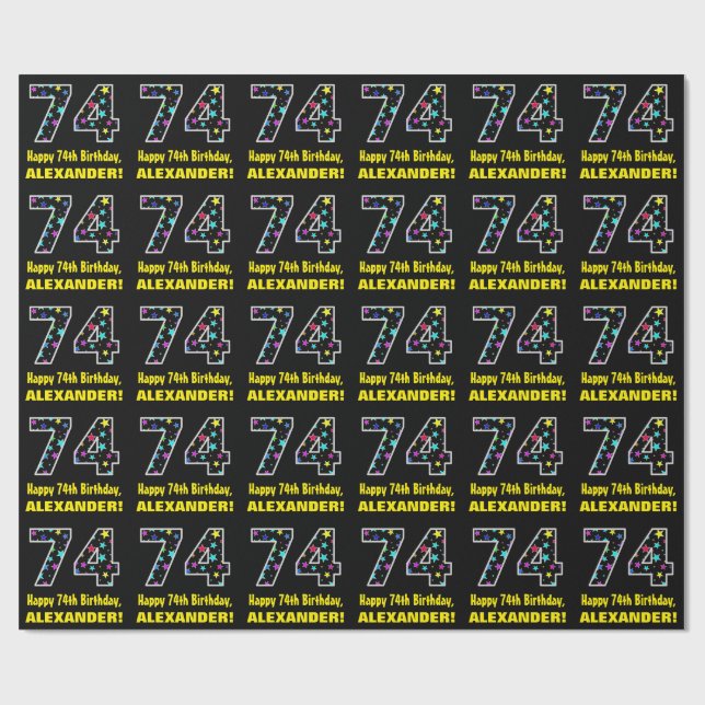 Papel De Regalo Feliz 74º cumpleaños, divertido patrón de estrella (Superficie plana)