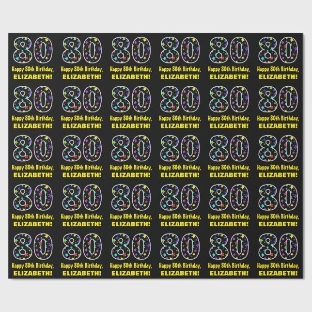 Papel De Regalo Feliz 80 cumpleaños, divertido patrón de estrellas (Superficie plana)