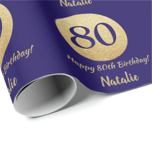 Papel De Regalo Feliz 80 cumpleaños, Purpurina Azul y Oro