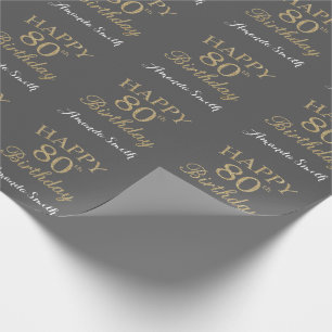 Papel De Regalo Feliz 80 cumpleaños Purpurina de oro y gris