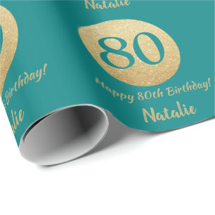 Papel De Regalo Feliz 80 cumpleaños, Verde azulado y Purpurina de