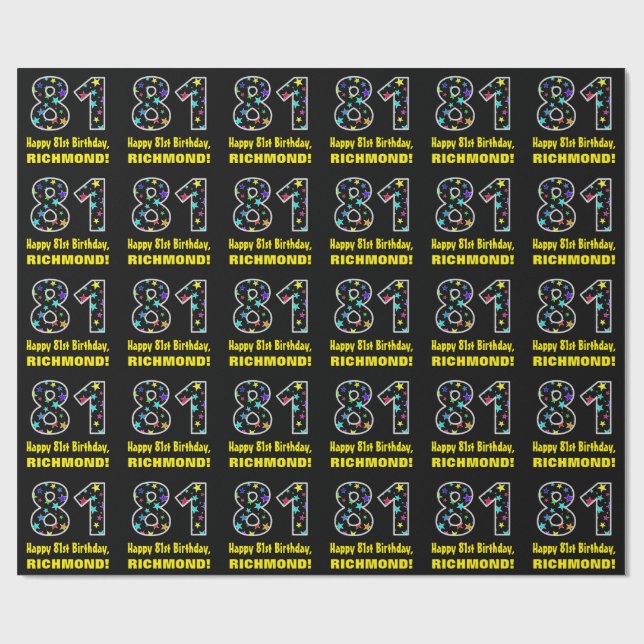 Papel De Regalo Feliz 81º cumpleaños, divertido patrón de estrella (Superficie plana)