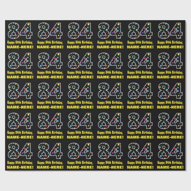 Papel De Regalo Feliz 84º cumpleaños, divertido patrón de estrella (Superficie plana)
