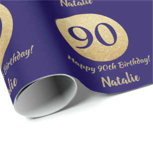 Papel De Regalo Feliz 90 cumpleaños Purpurina azul y oro de la Mar