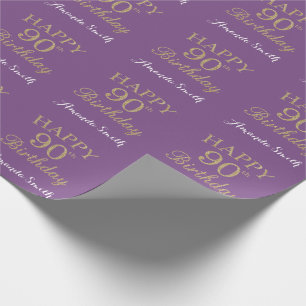 Papel De Regalo Feliz 90 cumpleaños Purpurina de oro y morado