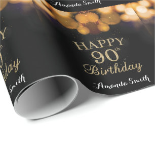 Papel De Regalo Feliz 90 cumpleaños, Purpurina negro y oro