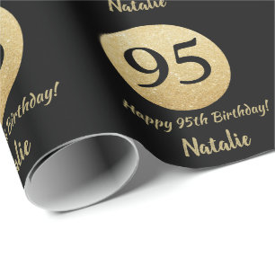 Papel De Regalo Feliz 95º cumpleaños Purpurina negro y oro