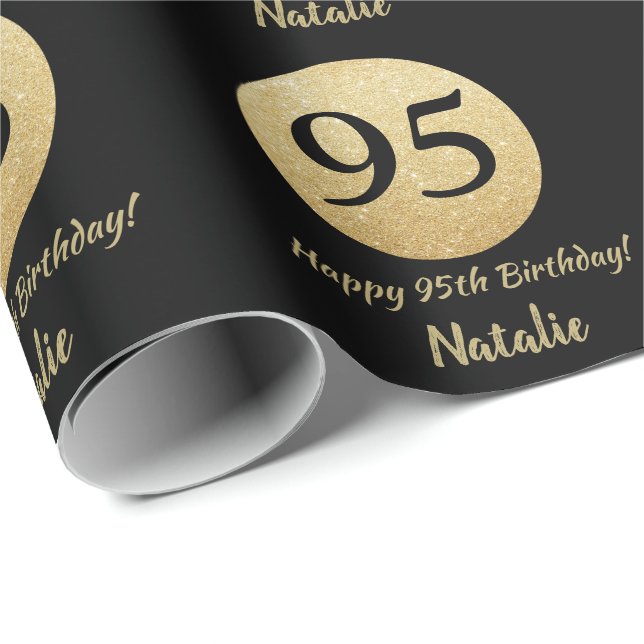 Papel De Regalo Feliz 95º cumpleaños Purpurina negro y oro (Esquina del rollo)