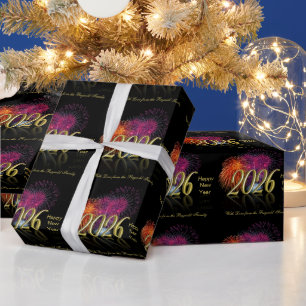 Papel De Regalo Feliz Año Nuevo 2026 Fuegos Artificiales Dorados