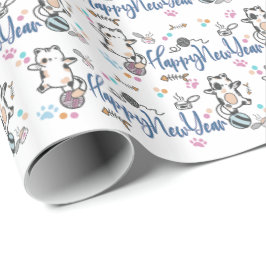 Papel De Regalo Feliz Año Nuevo Entre Gatitos Balanceados En Un Ya