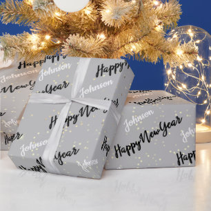 Papel De Regalo Feliz Año Nuevo Script Nombre personalizado Gris