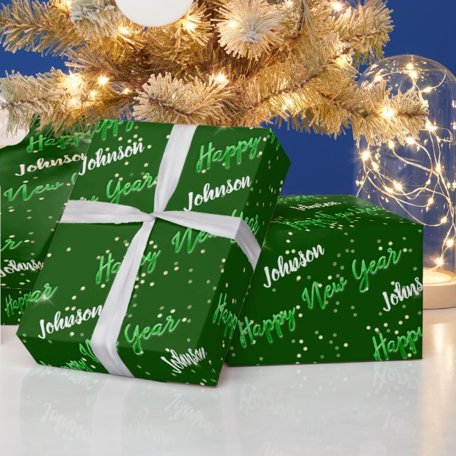 Papel De Regalo Feliz Año NuevoScript Nombre personalizado Green W (Vacaciones)