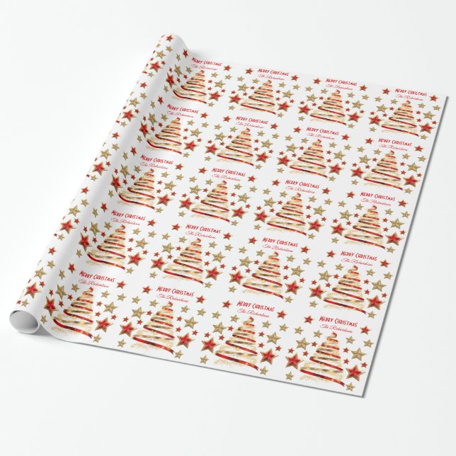Papel De Regalo Feliz Árbol de Navidad y estrellas (Desenrollado)