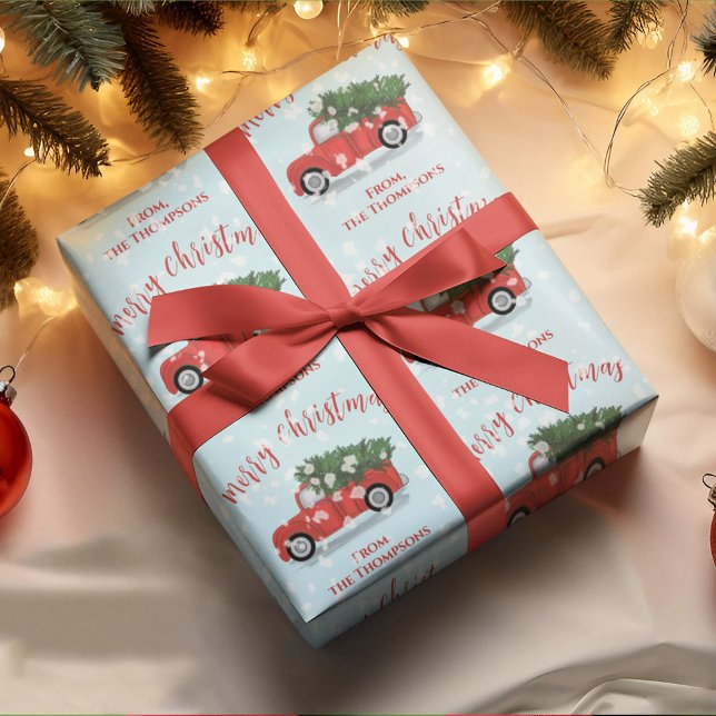 Papel De Regalo Feliz caligrafía navideña Cute Camión Rojo Rústico (Merry Christmas cute red calligraphy script rustic red truck wrapping paper. )